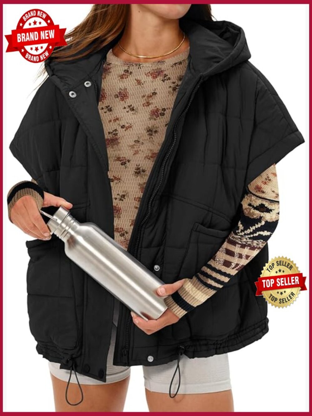 Women's Oversized Stand Collar Cap Sleeve Puffer Vest Zip Up Quilted Jacket